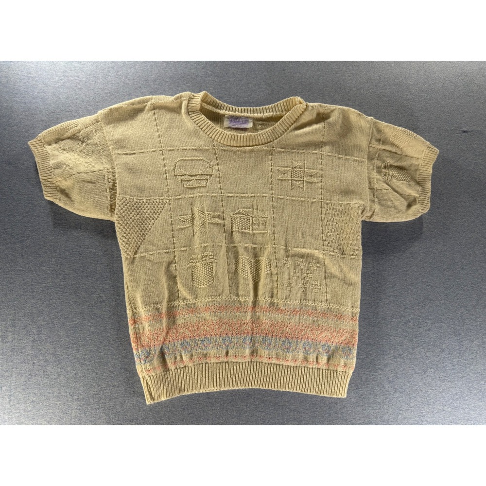 Vtg Arielle Cotton Knit Short Sleeve Sampler Sweater Beige Pastel Made in USA